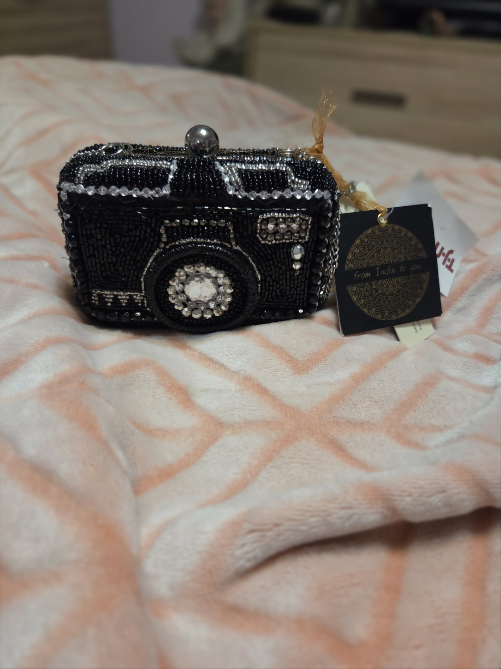Beaded Camera-Shape Clutch in Black and Silver
